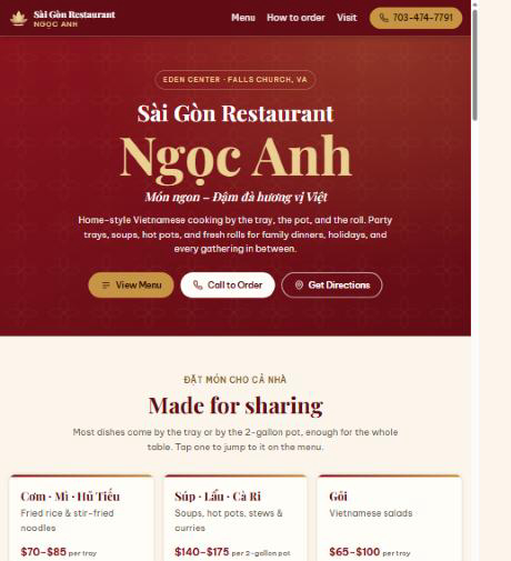 Sài Gòn Restaurant — Ngọc Anh website homepage, viewed on desktop