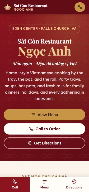 The same site on a phone, with call, menu, and directions buttons