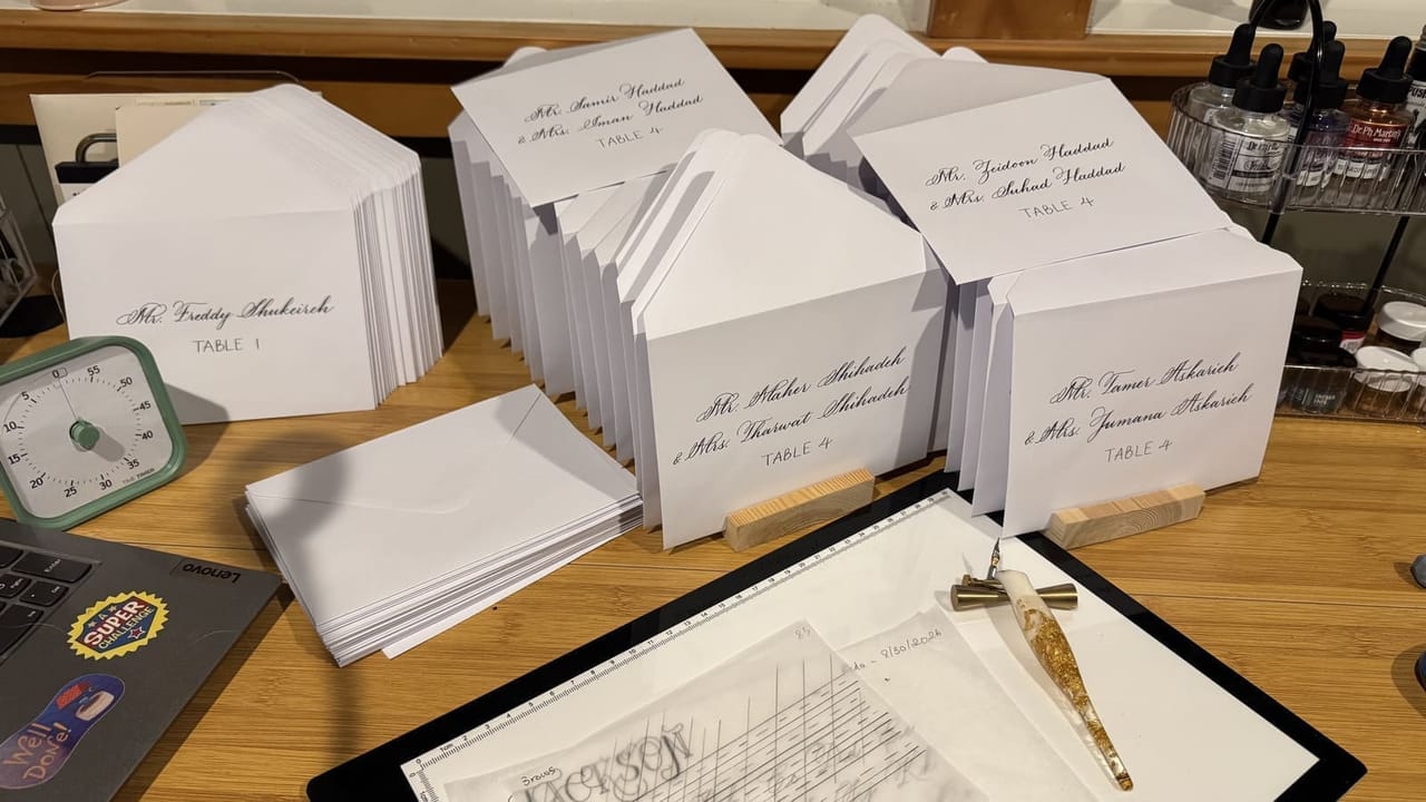 A calligrapher's desk with ruled guide sheets, ink, and finished escort cards