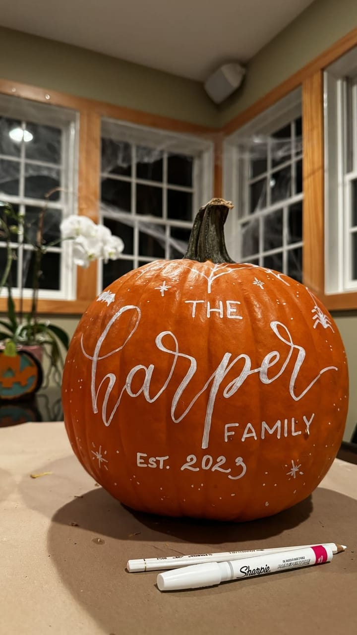 A hand-lettered family pumpkin with the paint markers used for lettering
