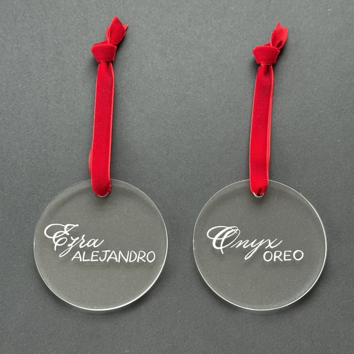 Two clear acrylic ornaments hand-lettered with two names